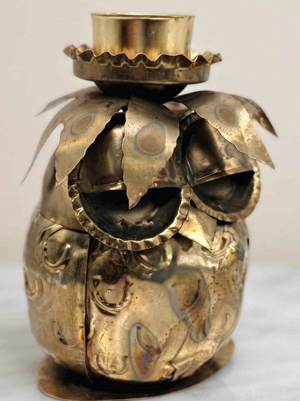 Vintage Enesco Imports Brass Owl Candle Holder Made Hong Kong MCM Decor 6.5in 3D